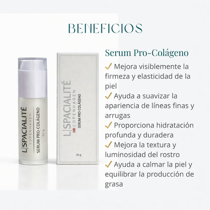Serum Pro-Colágeno. 50g. Firmeza, hidratación profunda y luminosidad visible. Con colágeno vegano, péptidos y extractos botánicos, mejora elasticidad, suaviza líneas y textura. Fórmula ligera de rápida absorción para una piel más saludable.